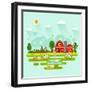 Flat Design Vector Rural Landscape Illustration with Farm Building, Barn, Garden, Beds of Carrots,-MilkyM-Framed Art Print