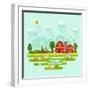 Flat Design Vector Rural Landscape Illustration with Farm Building, Barn, Garden, Beds of Carrots,-MilkyM-Framed Art Print