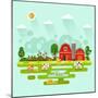 Flat Design Vector Rural Landscape Illustration with Farm Building, Barn, Garden, Beds of Carrots,-MilkyM-Mounted Art Print