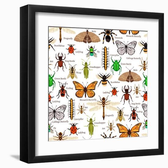 Flat Insects Seamless Pattern Vector Illustration-Macrovector-Framed Art Print