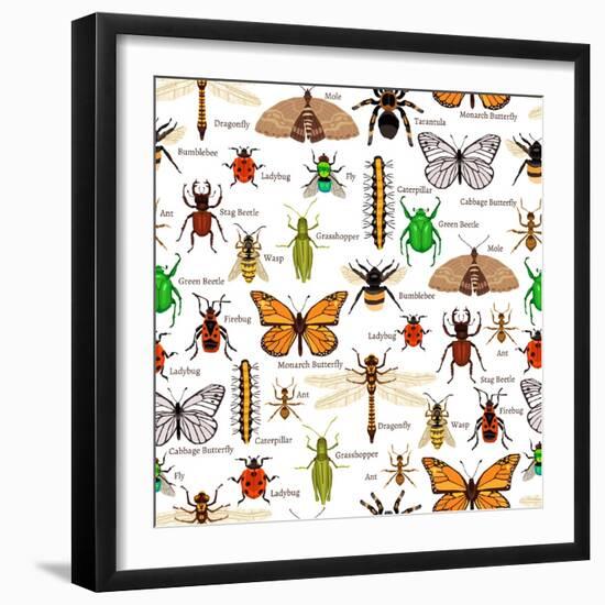 Flat Insects Seamless Pattern Vector Illustration-Macrovector-Framed Art Print