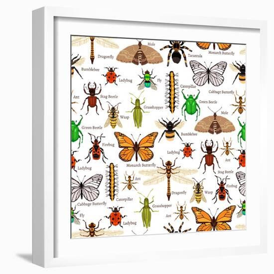 Flat Insects Seamless Pattern Vector Illustration-Macrovector-Framed Art Print