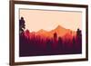 Flat Landscape of Mountain and Forest in Evening in Warm Tone. Vector Illustration-miomart-Framed Art Print