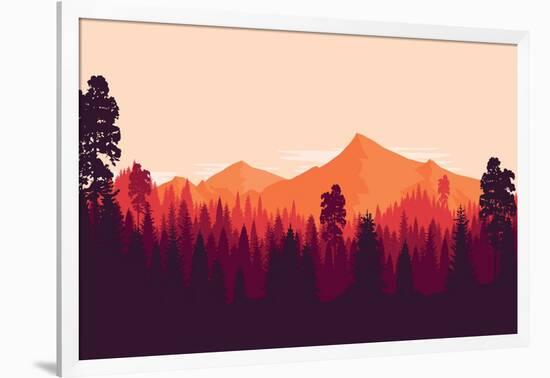 Flat Landscape of Mountain and Forest in Evening in Warm Tone. Vector Illustration-miomart-Framed Art Print