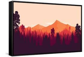 Flat Landscape of Mountain and Forest in Evening in Warm Tone. Vector Illustration-miomart-Framed Stretched Canvas