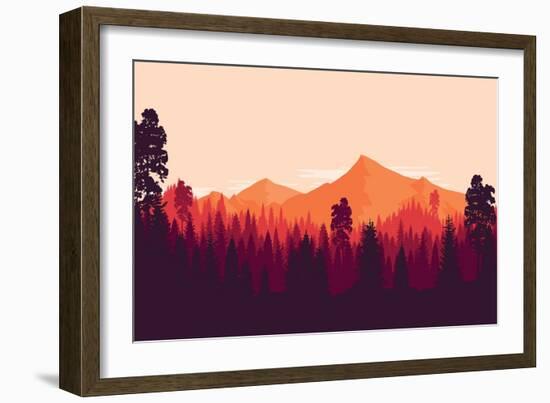 Flat Landscape of Mountain and Forest in Evening in Warm Tone. Vector Illustration-miomart-Framed Art Print