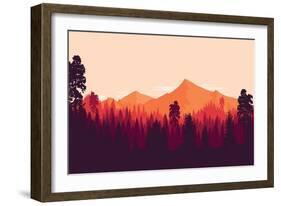 Flat Landscape of Mountain and Forest in Evening in Warm Tone. Vector Illustration-miomart-Framed Art Print