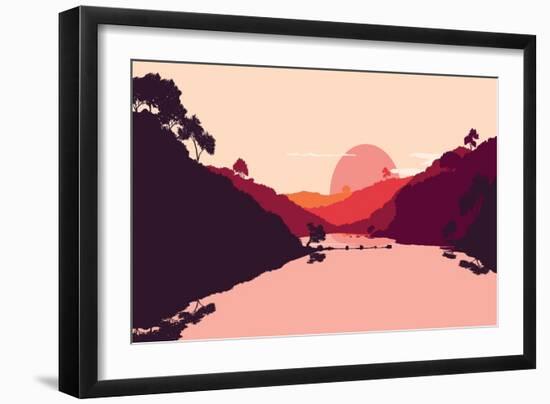 Flat Landscape of Mountain, Lake and Forest in Evening in Warm Tone. Vector Illustration-miomart-Framed Art Print