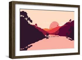 Flat Landscape of Mountain, Lake and Forest in Evening in Warm Tone. Vector Illustration-miomart-Framed Premium Giclee Print