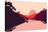 Flat Landscape of Mountain, Lake and Forest in Evening in Warm Tone. Vector Illustration-miomart-Stretched Canvas