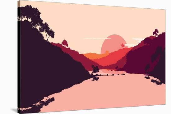 Flat Landscape of Mountain, Lake and Forest in Evening in Warm Tone. Vector Illustration-miomart-Stretched Canvas