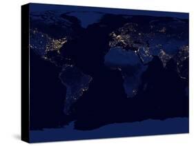 Flat Map of Earth Showing City Lights of the World at Night-Stocktrek Images-Stretched Canvas