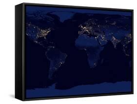 Flat Map of Earth Showing City Lights of the World at Night-Stocktrek Images-Framed Stretched Canvas