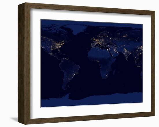 Flat Map of Earth Showing City Lights of the World at Night-Stocktrek Images-Framed Premium Photographic Print