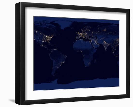 Flat Map of Earth Showing City Lights of the World at Night-Stocktrek Images-Framed Premium Photographic Print