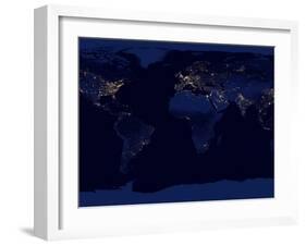 Flat Map of Earth Showing City Lights of the World at Night-Stocktrek Images-Framed Premium Photographic Print