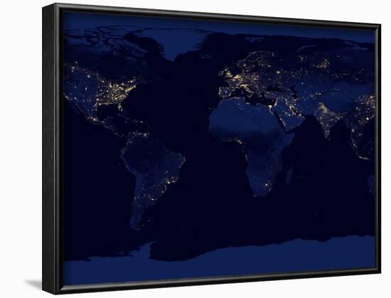 Flat Map of Earth Showing City Lights of the World at Night-Stocktrek Images-Framed Photographic Print