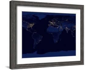 Flat Map of Earth Showing City Lights of the World at Night-Stocktrek Images-Framed Photographic Print