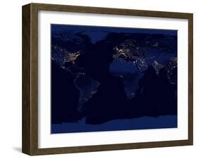 Flat Map of Earth Showing City Lights of the World at Night-Stocktrek Images-Framed Photographic Print