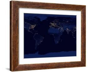 Flat Map of Earth Showing City Lights of the World at Night-Stocktrek Images-Framed Photographic Print