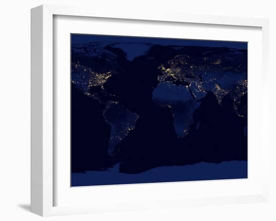 Flat Map of Earth Showing City Lights of the World at Night-Stocktrek Images-Framed Photographic Print