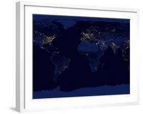 Flat Map of Earth Showing City Lights of the World at Night-Stocktrek Images-Framed Photographic Print