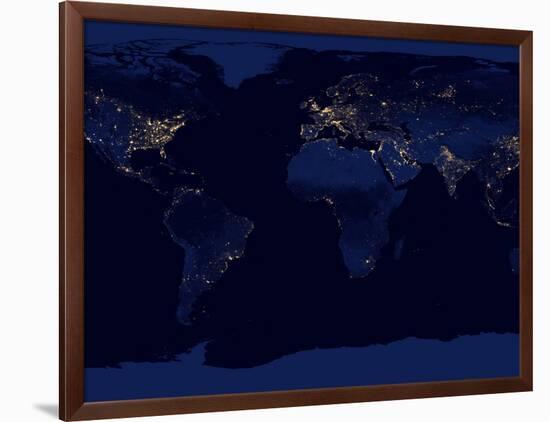 Flat Map of Earth Showing City Lights of the World at Night-Stocktrek Images-Framed Photographic Print