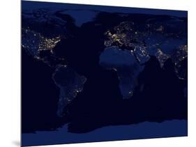 Flat Map of Earth Showing City Lights of the World at Night-Stocktrek Images-Mounted Photographic Print