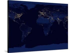 Flat Map of Earth Showing City Lights of the World at Night-Stocktrek Images-Stretched Canvas