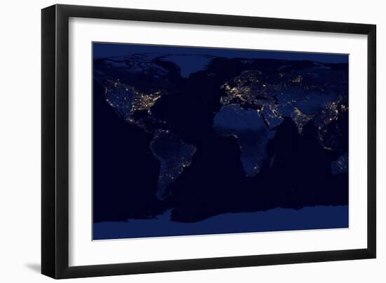 Flat Map of Earth Showing City Lights of the World at Night-Stocktrek Images-Framed Art Print