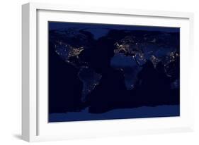 Flat Map of Earth Showing City Lights of the World at Night-Stocktrek Images-Framed Art Print