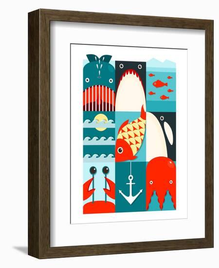 Flat Sea and Fish Rectangular Nautical Set. Marine Design Collection. Vector Layered Eps8 Illustrat-Popmarleo-Framed Art Print