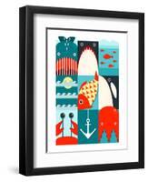 Flat Sea and Fish Rectangular Nautical Set. Marine Design Collection. Vector Layered Eps8 Illustrat-Popmarleo-Framed Art Print