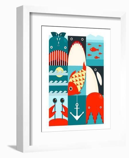 Flat Sea and Fish Rectangular Nautical Set. Marine Design Collection. Vector Layered Eps8 Illustrat-Popmarleo-Framed Art Print