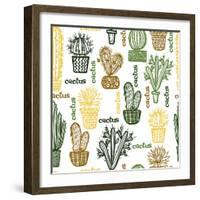 Flat Seamless Pattern with Succulent Plants and Cactuses in Pots. Vector Botanical Graphic Set With-kateja-Framed Art Print