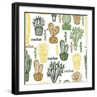 Flat Seamless Pattern with Succulent Plants and Cactuses in Pots. Vector Botanical Graphic Set With-kateja-Framed Art Print