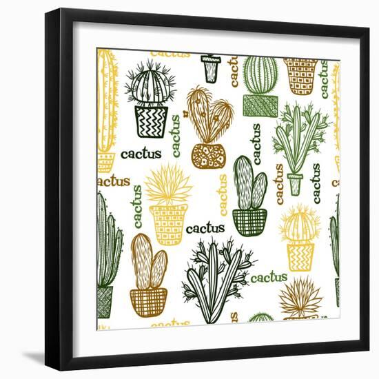 Flat Seamless Pattern with Succulent Plants and Cactuses in Pots. Vector Botanical Graphic Set With-kateja-Framed Art Print