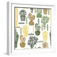 Flat Seamless Pattern with Succulent Plants and Cactuses in Pots. Vector Botanical Graphic Set With-kateja-Framed Art Print