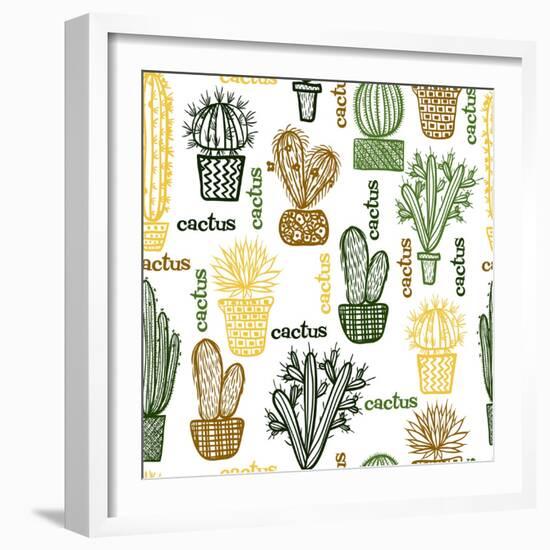 Flat Seamless Pattern with Succulent Plants and Cactuses in Pots. Vector Botanical Graphic Set With-kateja-Framed Art Print