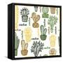 Flat Seamless Pattern with Succulent Plants and Cactuses in Pots. Vector Botanical Graphic Set With-kateja-Framed Stretched Canvas