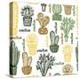 Flat Seamless Pattern with Succulent Plants and Cactuses in Pots. Vector Botanical Graphic Set With-kateja-Stretched Canvas