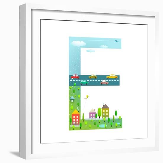 Flat Style Alphabet Letter E for Kids with Cars and City. for Children Boys and Girls with City, Ho-Popmarleo-Framed Premium Giclee Print