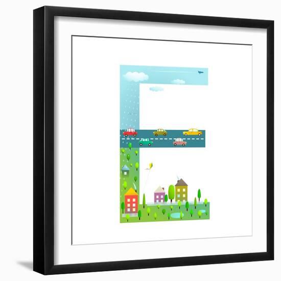 Flat Style Alphabet Letter E for Kids with Cars and City. for Children Boys and Girls with City, Ho-Popmarleo-Framed Art Print