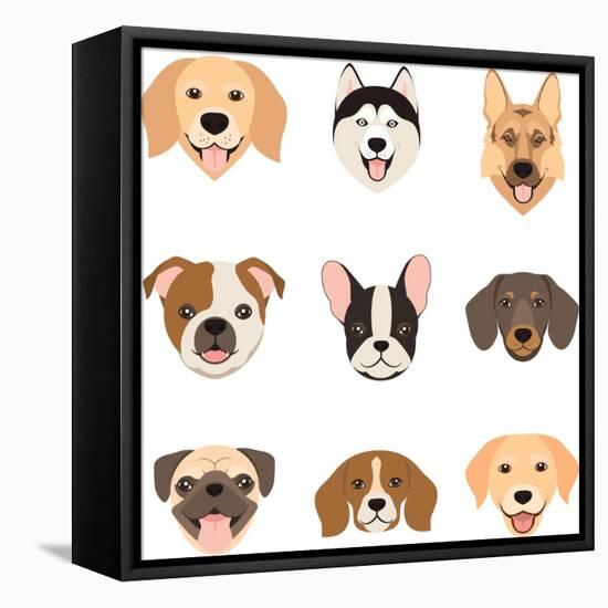 Flat Style Dog Head Icons. Cartoon Dogs Faces Set. Vector Illustration Isolated on White-Dar_ria-Framed Stretched Canvas
