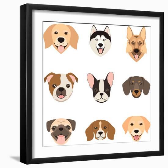 Flat Style Dog Head Icons. Cartoon Dogs Faces Set. Vector Illustration Isolated on White-Dar_ria-Framed Art Print