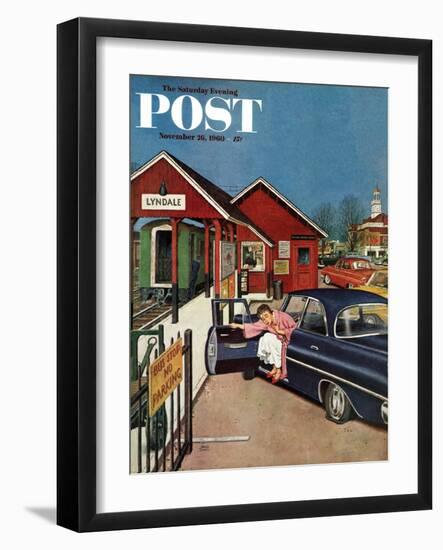 "Flat Tire at the Commuter Station," Saturday Evening Post Cover, November 26, 1960-Amos Sewell-Framed Giclee Print