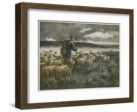 "Fleeing the Storm", a Shepherd Returns Home with His Flock Before They All Get Soaked-Auguste Prévot-Valeri-Framed Art Print