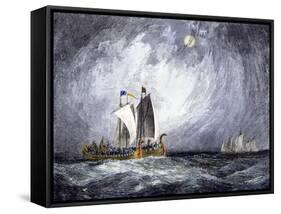 Fleet of Viking Ships at Sea-null-Framed Stretched Canvas