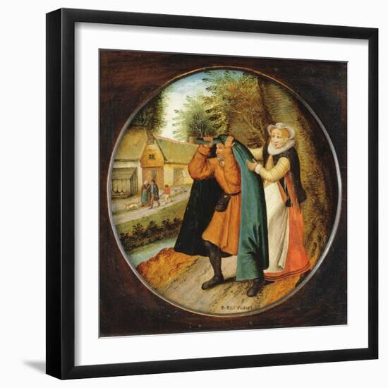 Flemish Proverb: 'A Wife Hiding Her Infidelity from Her Husband under a Blue Cloak'-Pieter Brueghel the Younger-Framed Giclee Print