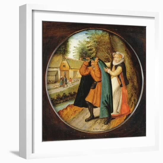 Flemish Proverb: 'A Wife Hiding Her Infidelity from Her Husband under a Blue Cloak'-Pieter Brueghel the Younger-Framed Giclee Print